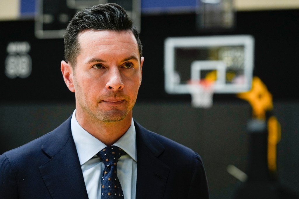 JJ Redick conducts an interview after being introduced as the new head coach of the Los Angeles Lakers NBA basketball team Monday, June 24, 2024, in El Segundo, Calif.
