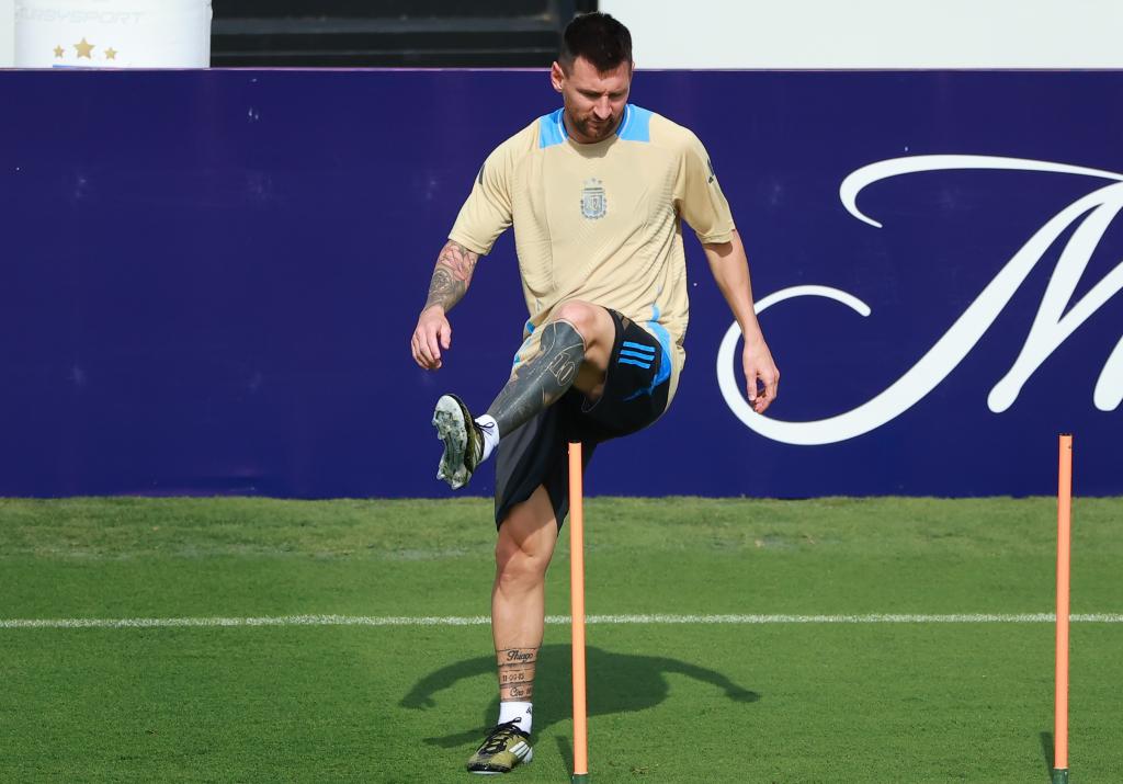Lionel Messi works on a drill during a training session in preparation for the Copa America soccer tournament.