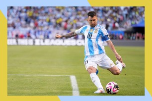 Argentina star Lionel Messi kicks the ball.