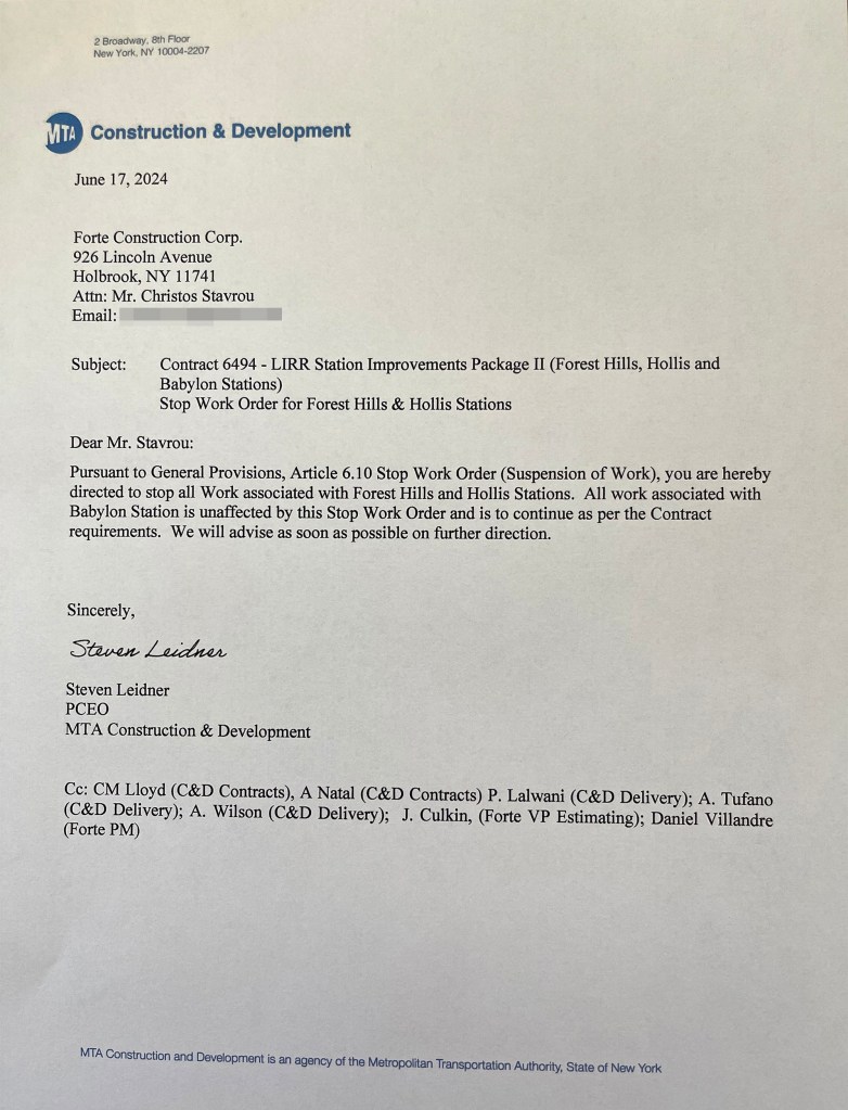 The MTA sent a letter ordering a contractor to suspend work on making LIRR stations in Forest Hills and Hollis more accessible for people with disabilities.  