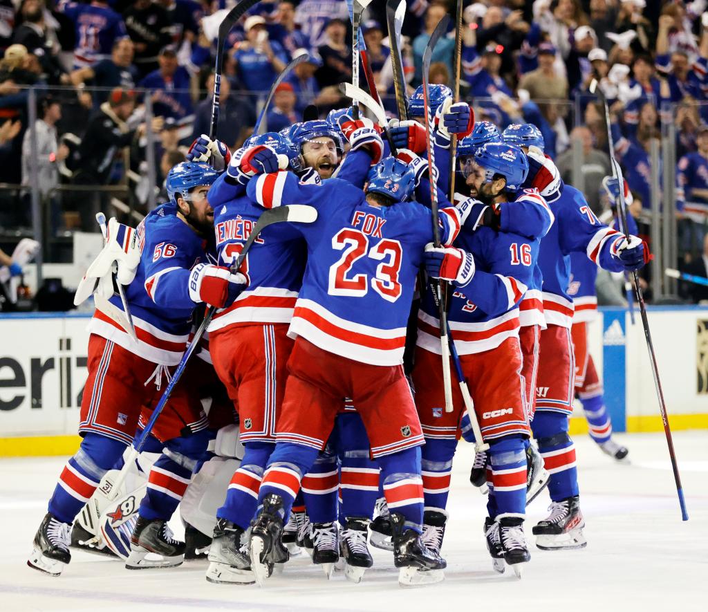 New York Rangers center Barclay Goodrow (C) celebrates his game winning overtime goal with his teammates against the Florida Panthers at Madison Square Garden