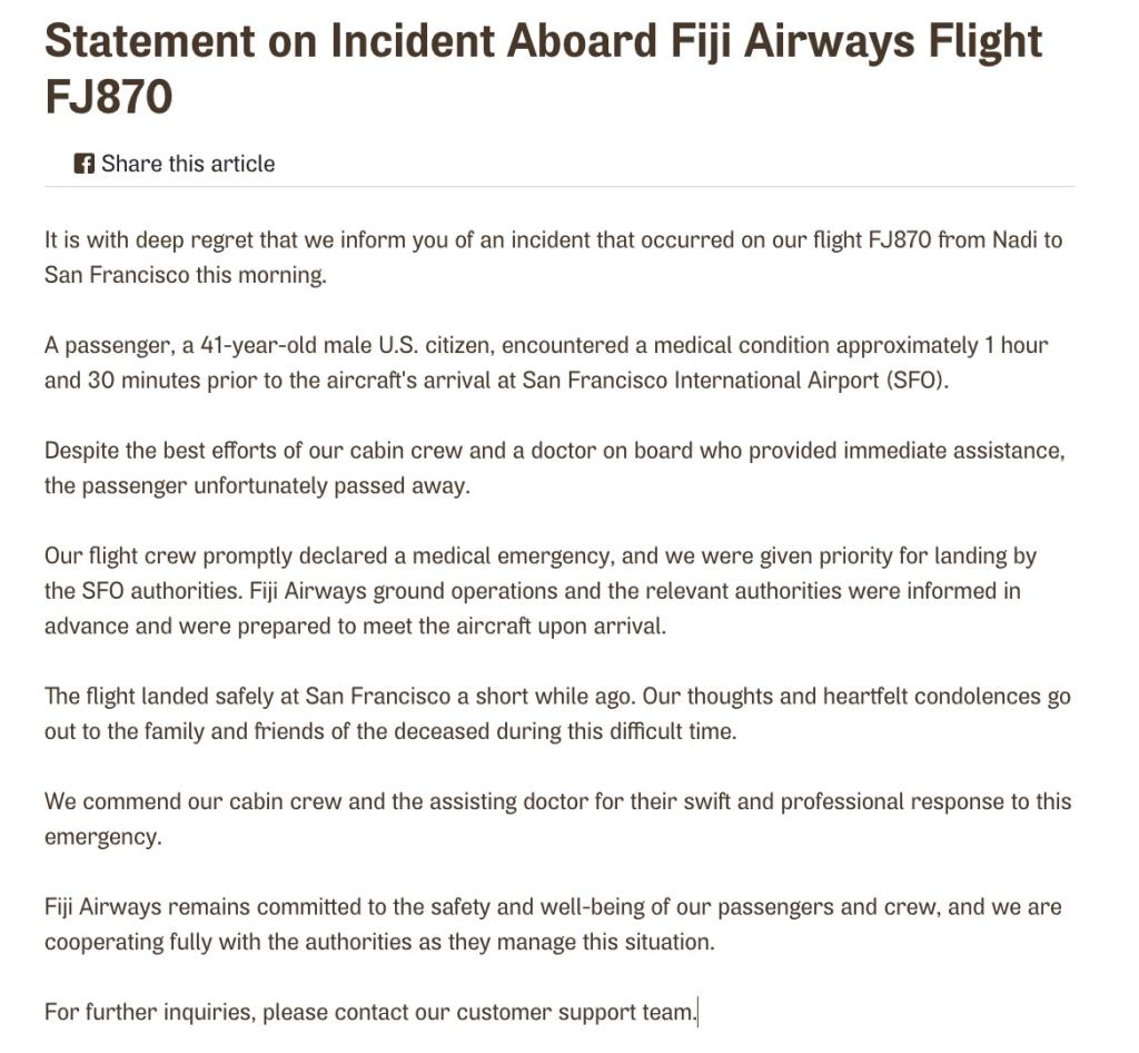 The airline praised the Airbus’ “cabin crew and the assisting doctor for their swift and professional response to this emergency.”