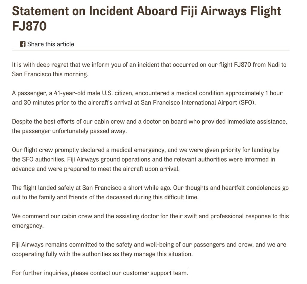 The airline praised the Airbus’ “cabin crew and the assisting doctor for their swift and professional response to this emergency.”