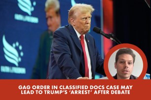 rump lawyer Todd Blanche said federal prosecutors could “get an arrest warrant” after the debate with Biden (above) based on things Trump said that could be seen as violating the order.