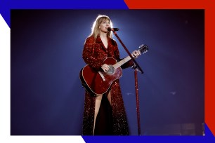 Taylor Swift sings while playing guitar.