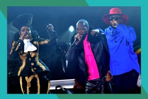 (L-R) Lauryn Hill, Pras Michél and Wyclef Jean perform at NYC's 2023 Global Citizen Festival.