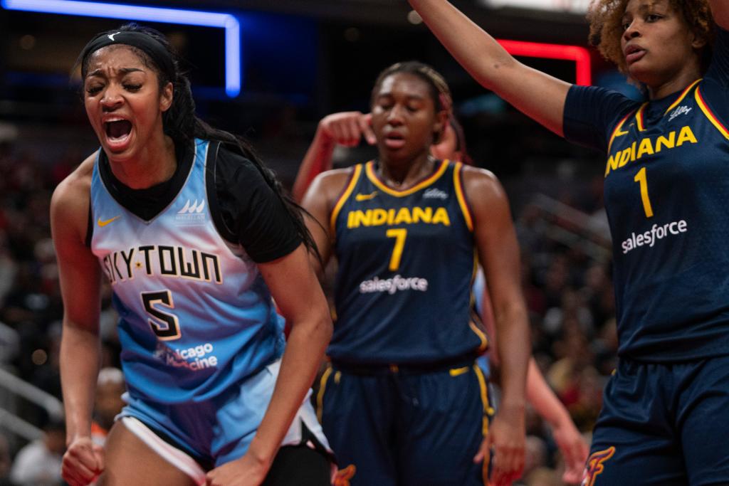 Chicago Sky forward Angel Reese reacting after scoring during a basketball game at Gainbridge Fieldhouse