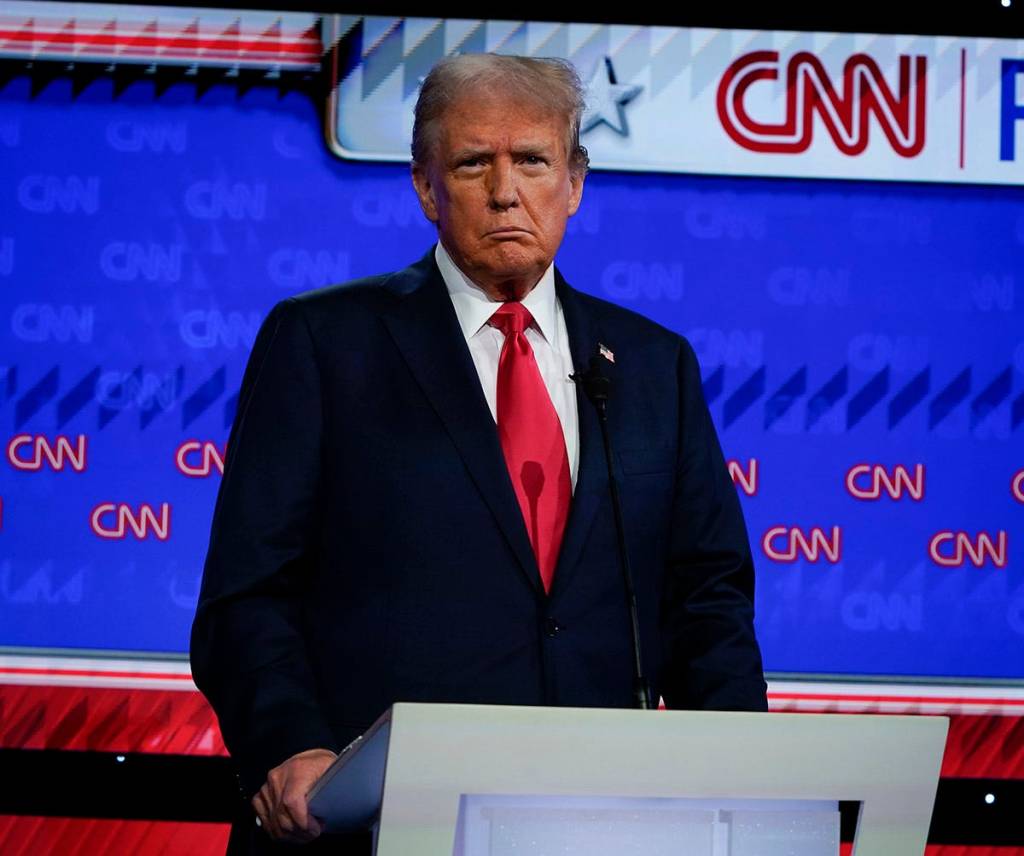 Former President Donald Trump during the debate at CNN's studios in Atlanta. CNN Anchors Jake Ta