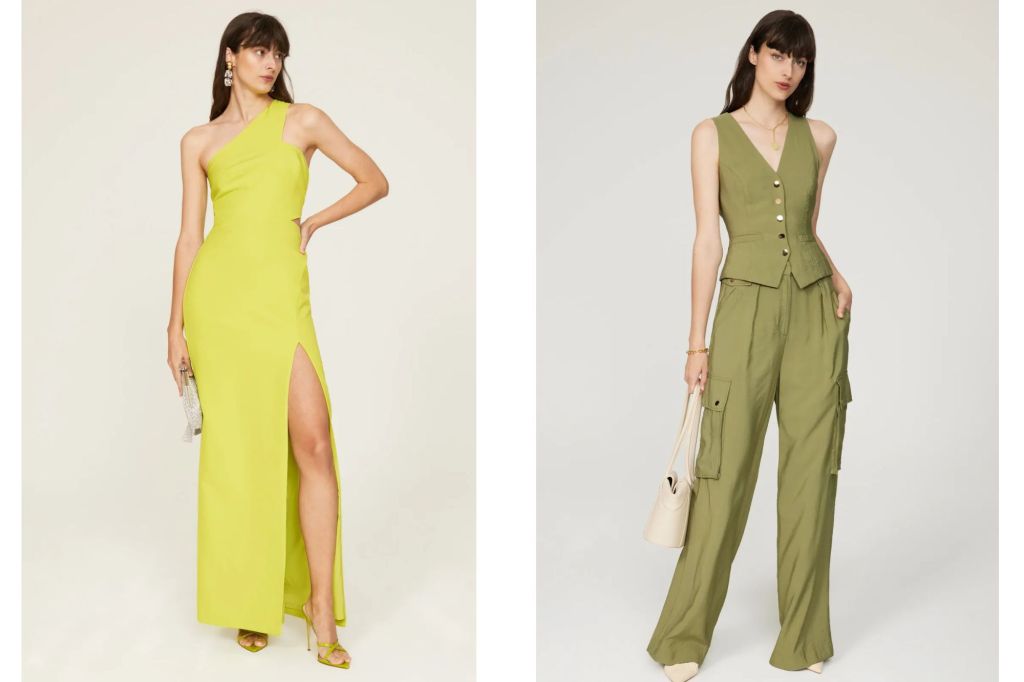 Left: A model in a green dress; Right: A model in a green vest and matching pants.