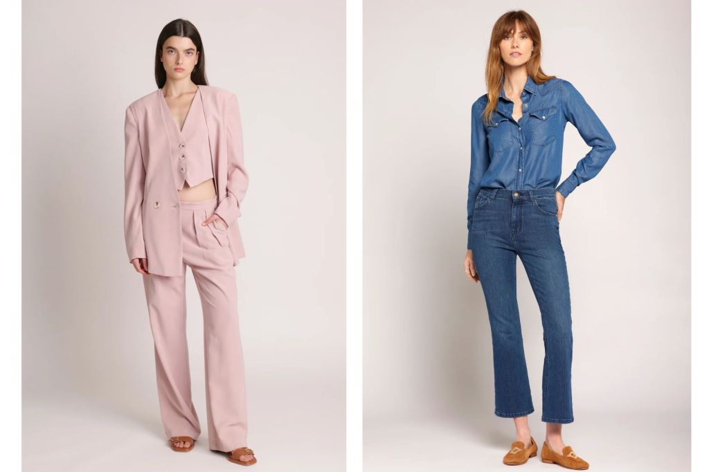 Left: A woman in a pink suit; Right: A woman in a denim shirt and jeans.