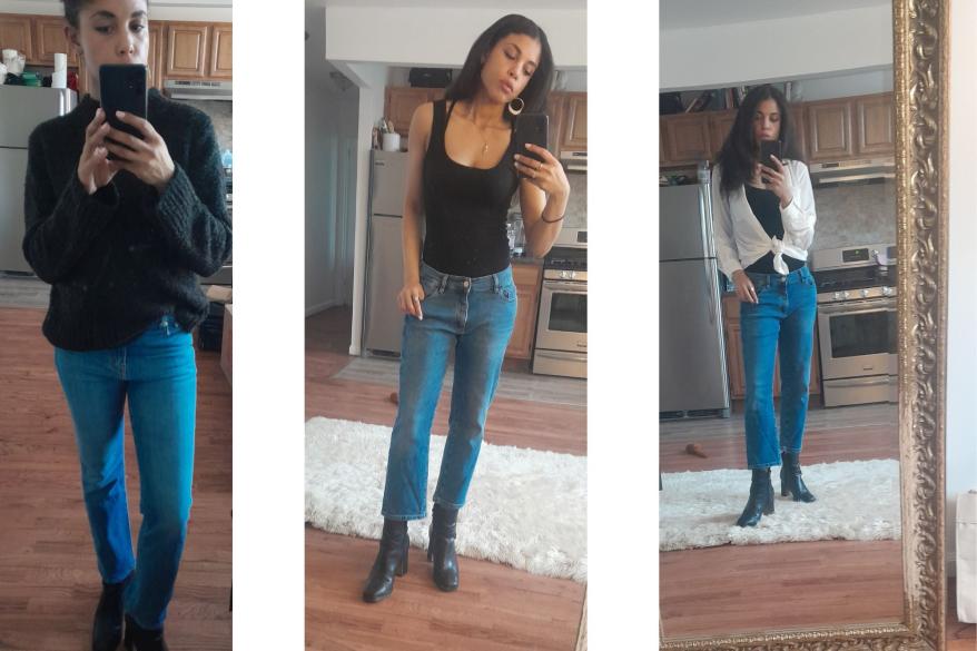 Three different pictures of a woman in jeans.