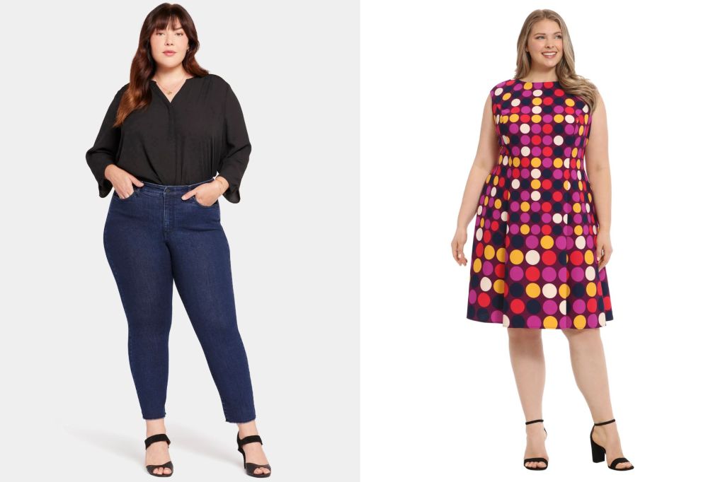 Left: A plus size model in a black shirt and jeans; Right: A plus size model in a floral babydoll dress.