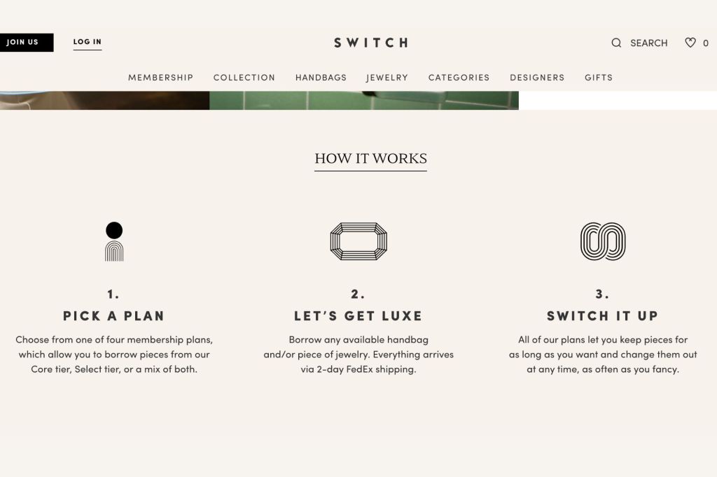 A How It Works page for clothing rental jewelry company Switch.
