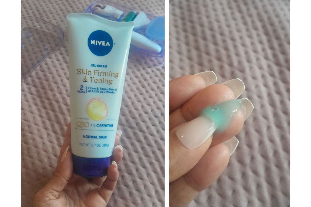 Left: A tube of firming lotion; Right: A hand with gel