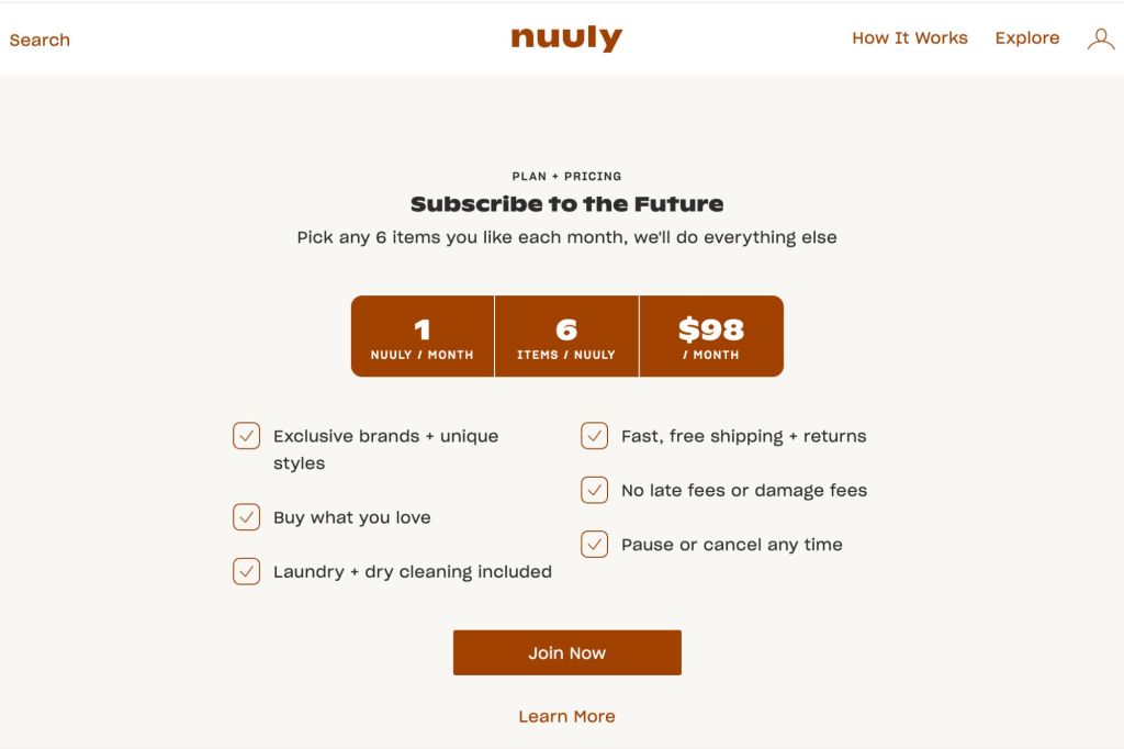 A screenshot of nuuly's rental clothing pricing.