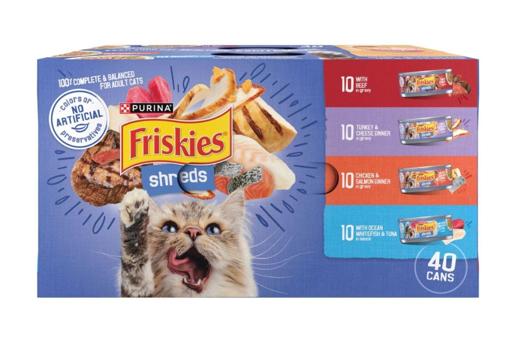 A packet of 40 cat food cans in a box with a cat on the cover.