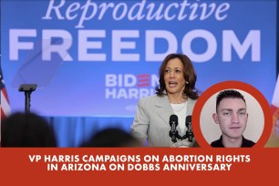 Vice President Kamala Harris made the case on June 24 that re-electing President Biden would secure women’s reproductive rights.