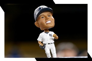 A Mariano Rivera bobblehead stands at the ballpark.