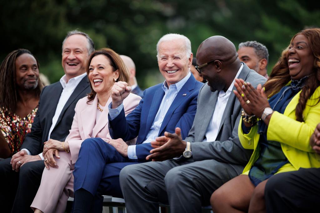 Actor Billy Porter, from left, US Second Gentleman Doug Emhoff, Vice President Kamala Harris, President Joe Biden, Philonise Floyd, George Floyd's brother, and his wife Keeta Floyd attend a Juneteenth concert on the South Lawn of the White House in Washington, DC on Monday, June 10, 2024.