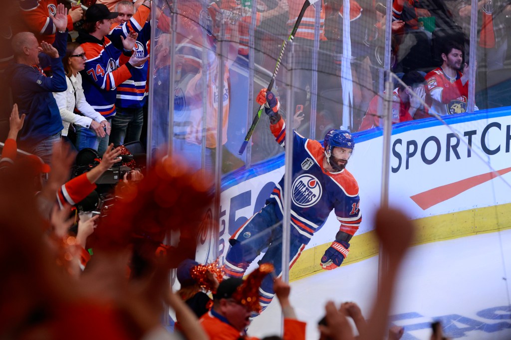 Adam Henrique #19 of the Edmonton Oilers celebrates after scoring a goal during the second period of Game Six of the 2024 Stanley Cup Final against the Florida Panthers at Rogers Place.