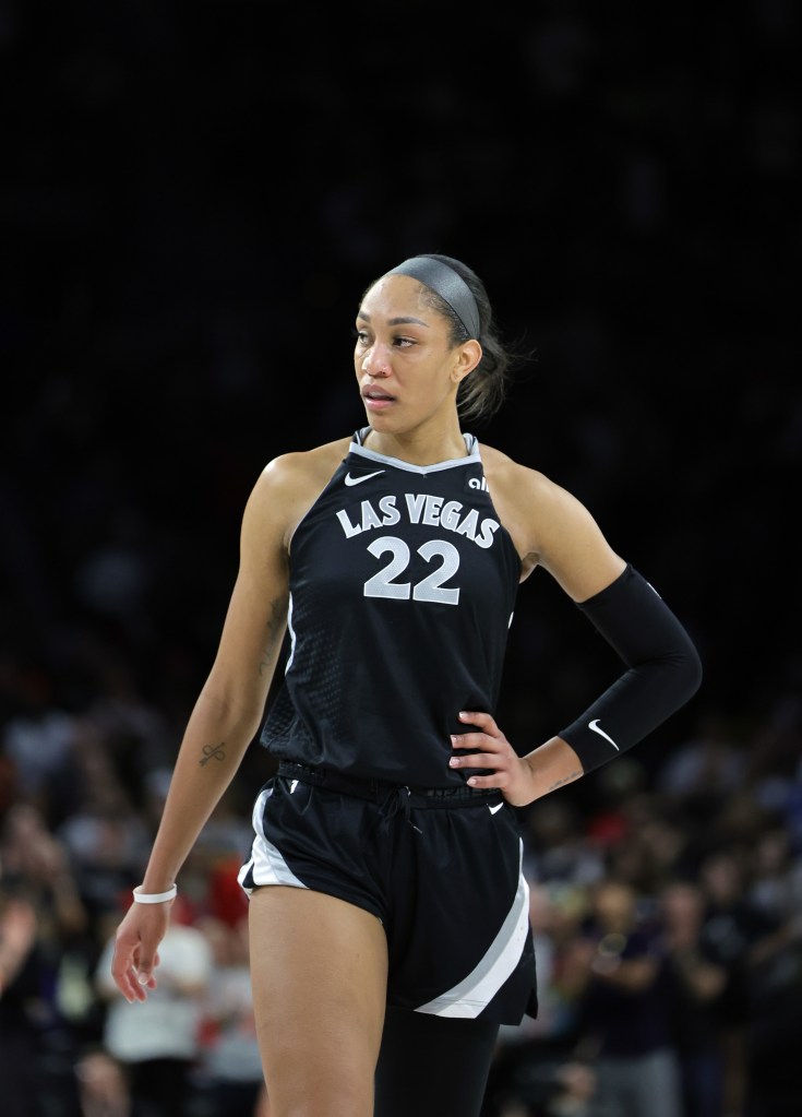 A'ja Wilson #22 of the Las Vegas Aces walks on the court during a break in the fourth quarter of a game against the Connecticut Sun at Michelob ULTRA Arena on June 21, 2024 in Las Vegas, Nevada.