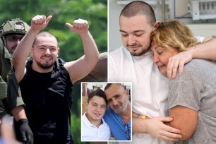 Almog Meir Jan, a rescued hostage, embracing his mother, Orit Meir, after his rescue from the central Gaza Strip by Israeli forces