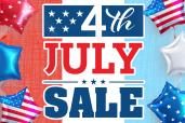 Red, white, and blue text and balloons for Amazon's July Fourth sale
