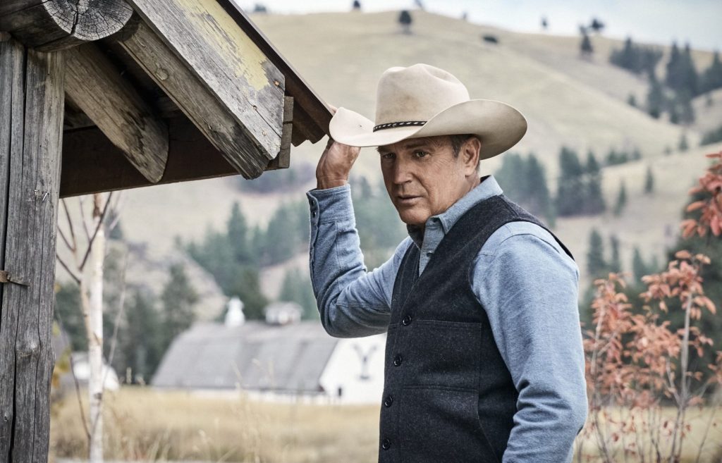 Kevin Costner, as John Dutton, wearing a cowboy hat, determined to preserve his ranch in the TV Series Yellowstone.