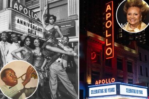 Louis Armstrong in a vintage Apollo pic, a vintage Apollo photo with marquee, a recent photo of the 90th anniversary marquee and Apollo legend Leslie Uggams.