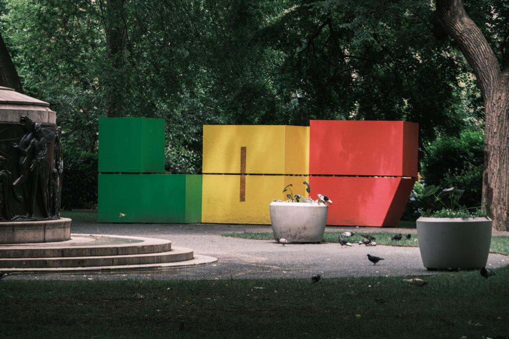 An art piece in Union Square park in lower Manhattan features large block letters spelling out LOV by artist Pasha Radetzki. 