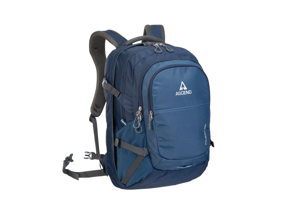 A blue backpack with a strap