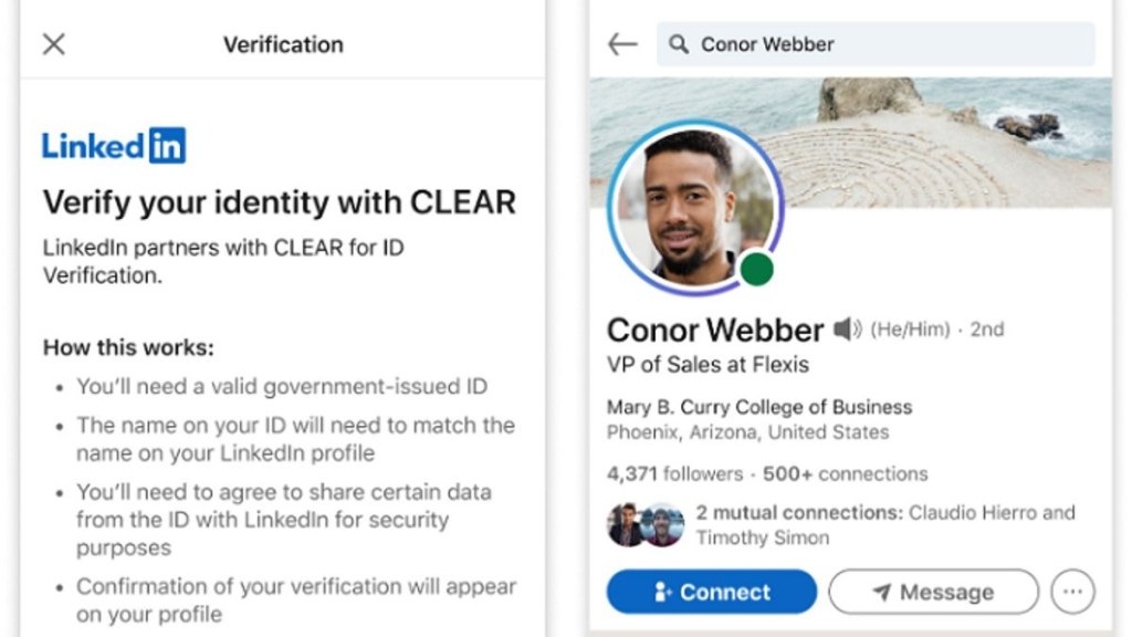 A screenshot of a phone displaying LinkedIn platform where users can verify their identity and work.