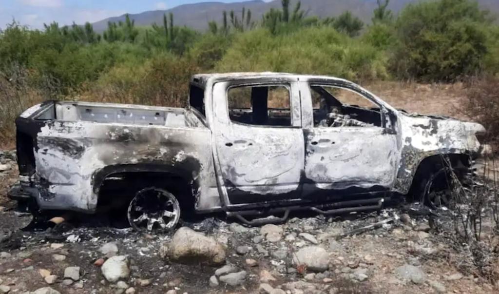 The truck of the missing surfers, found burnt on a nearby ranch