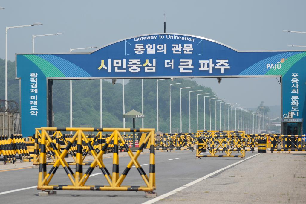 Barricades are placed near the Unification Bridge, which leads to the Panmunjom in the Demilitarized Zone in Paju, South Korea.