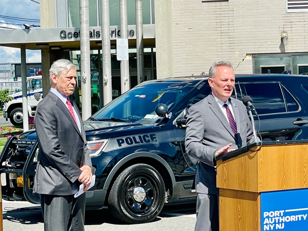 Greg Ehrie, the Port Authority’s chief security officer, talks about the plate readers at a recent press conference.
