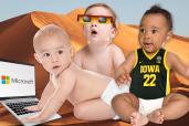 collage of baby on a laptop, baby with eclipse glasses and caitlin clark jersey