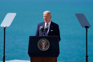 President Joe Biden delivers a speech on the legacy of Pointe du Hoc, and democracy around the world in Normandy, France on June 7.