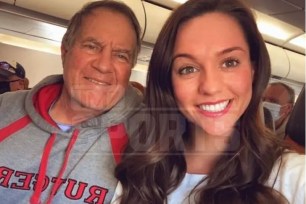 Bill Belichick smiling in a selfie with girlfriend Jordon Hudson during their first meeting on a flight from Boston to Florida.