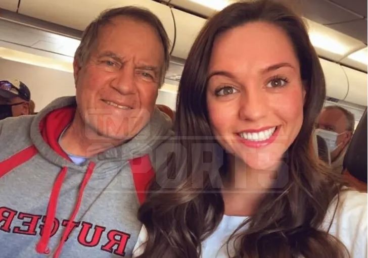 Bill Belichick smiling in a selfie with girlfriend Jordon Hudson during their first meeting on a flight from Boston to Florida.