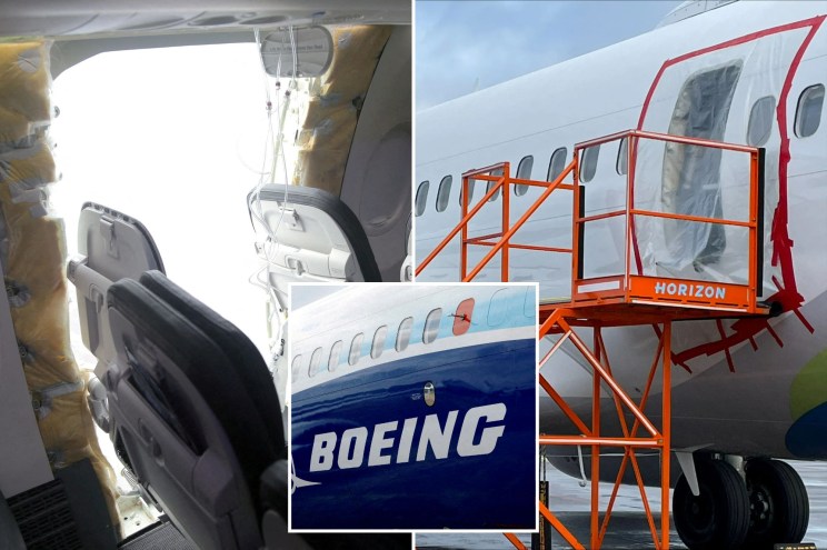 Boeing logo, Alaska Airlines plane with missing door 