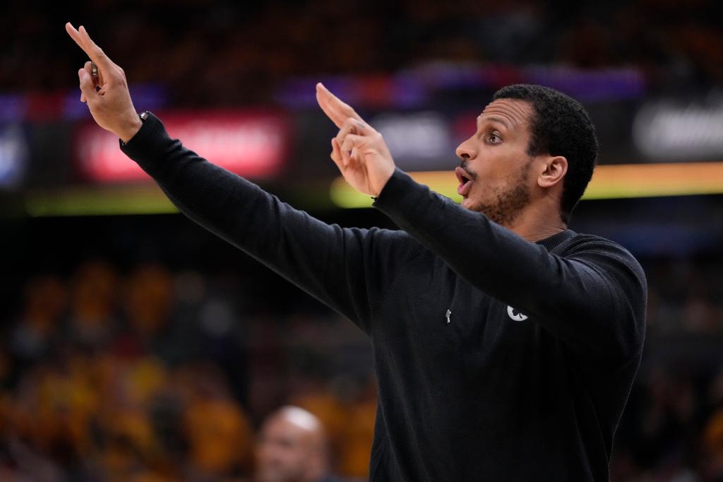 Boston Celtics head coach Joe Mazzulla directing his team during Game 3 of the NBA Eastern Conference finals against Indiana Pacers