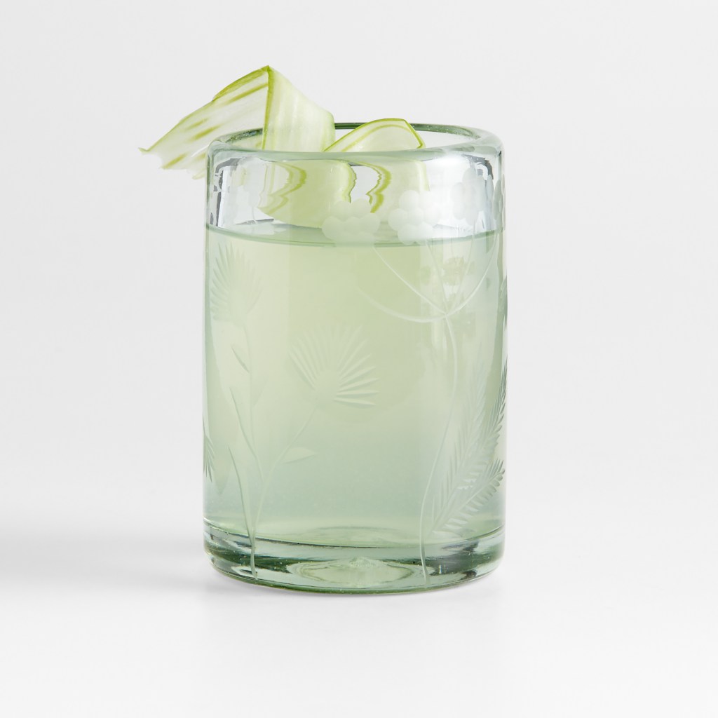Botanical Studies recycled all-purpose glass by Laura Kim with a drink and a slice of cucumber