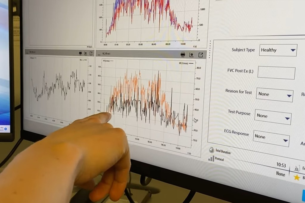 A hand pointing at a graph on a computer screen for bra size and sweat research, potentially leading to sportswear innovations.