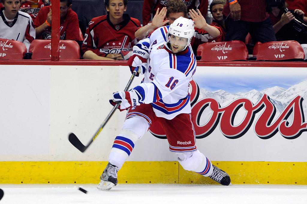 Derick Brassard #16 of the New York Rangers shoots the puck in the second period against the Washington Capitals in Game Five of the Eastern Conference Quarterfinals during the 2013 NHL Stanley Cup Playoffs at the Verizon Center on May 10, 2013 in Washington, DC. 