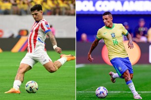 A collage of football players, including Guilherme Arana, in a match between Brazil and Paraguay