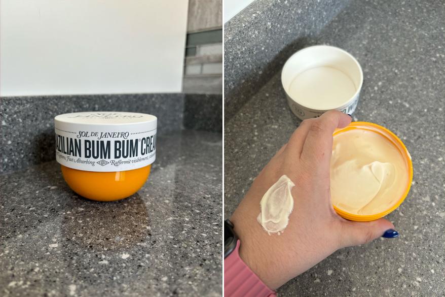 Left: A jar of body butter; Right: An opened jar of body butter and a hand with cream on it.