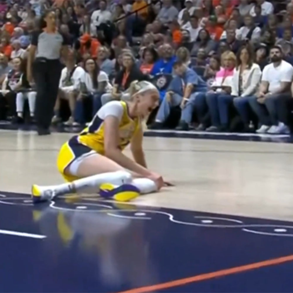 Sparks rookie Cameron Brink injuries her knee in a game against the Sun in CT on June 18, 2024.