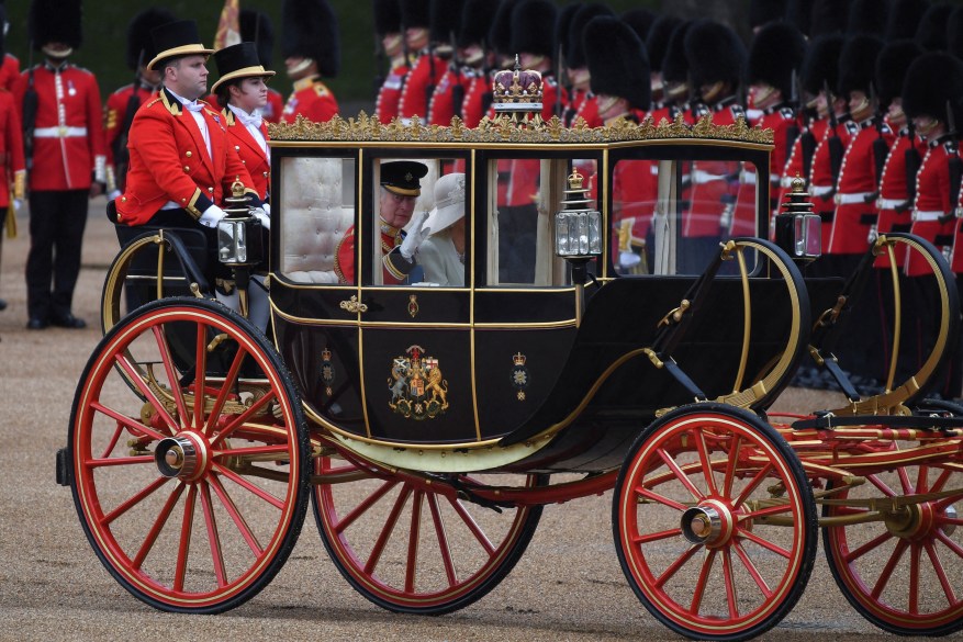 King Charles and Queen Camilla attend the Trooping the Colour parade to honor him on his official birthday in London, Britain, June 15, 2024.