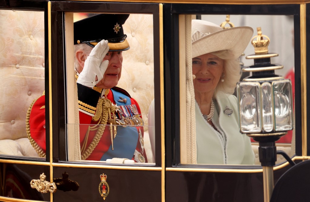 King Charles salutes the troops as he is paraded around them in London on June 15, 2024.