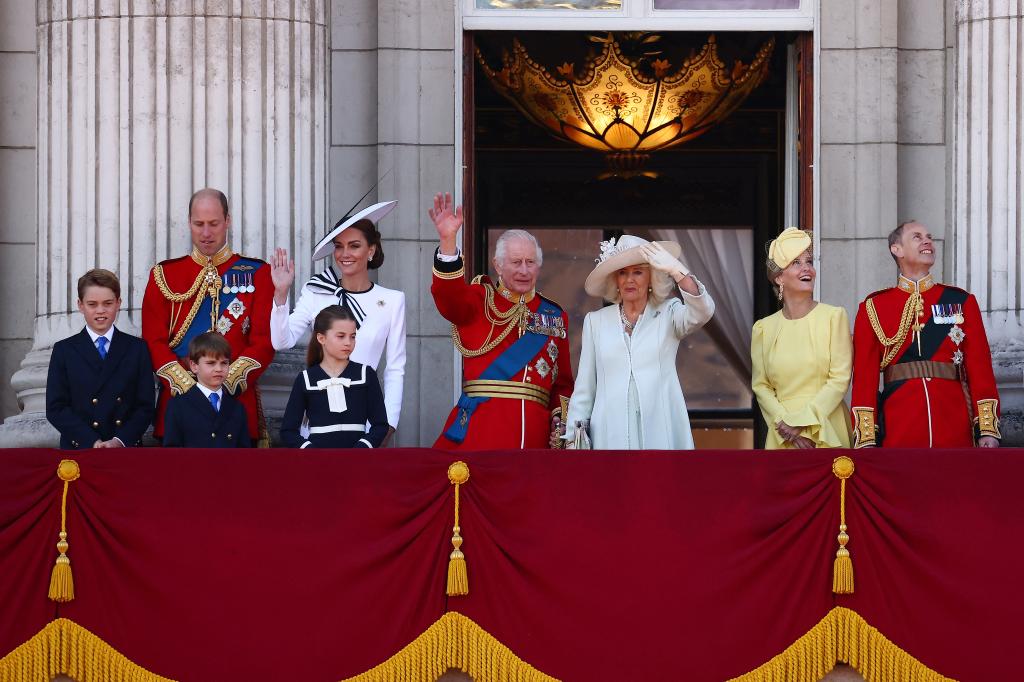 (L-R) Britain's Prince George of Wales, Britain's Prince William, Prince of Wales, Britain's Prince Louis of Wales, Britain's Catherine, Princess of Wales, Britain's Princess Charlotte of Wales, Britain's King Charles III, Britain's Queen Camilla, Britain's Sophie, Duchess of Edinburgh, and Britain's Prince Edward, Duke of Edinburgh, pose on the balcony of Buckingham Palace after attending the King's Birthday Parade "Trooping the Colour" in London on June 15, 2024.